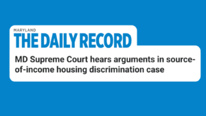The Maryland Daily Record logo with news article headline below that reads "MD Supreme Court hears arguments in source-of-income housing discrimination case" on a blue background.