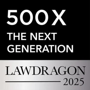 Lawdragon 500 X The Next Generation 2025 badge with a black and silver design, featuring bold white text on a black background and the Lawdragon logo on a silver gradient panel.