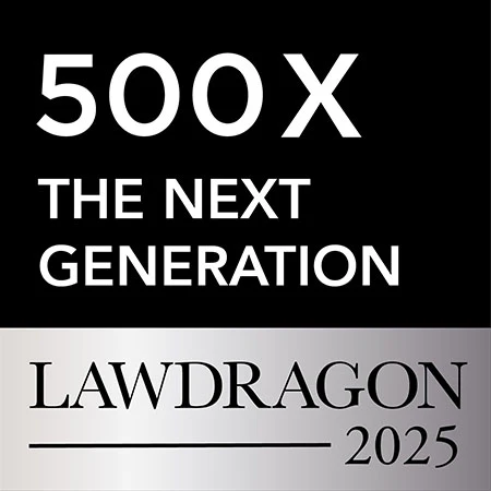 Lawdragon 500 X The Next Generation 2025 badge with a black and silver design, featuring bold white text on a black background and the Lawdragon logo on a silver gradient panel.