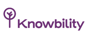 Knowbility logo in clean purple type with a simple line drawing graphic that appears to be a combination of a tree and a magnifying glass.