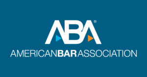 American Bar Association logo - stylized white letters "ABA" with the full name spelled out below, all on a blue background. 