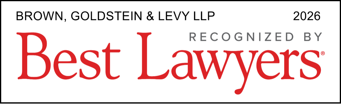 Text graphic reading "Brown, Goldstein & Levy LLP recognized by Best Lawyers 2026"