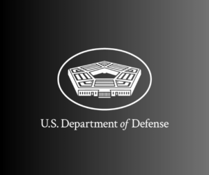 U.S. Department of Defense logo with a white pentagon drawing in a white oval on a gray background