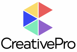 Five triangles of different colors make up an incomplete circle above the name Creative Pro to create the brand's logo.