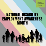 National Disability Employment Month Logo with silhouettes showing a range of adults and children including one person in a wheelchair, all on a background of diagonal strips in a rainbow of pastel colors.