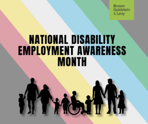 National Disability Employment Month Logo with silhouettes showing a range of adults and children including one person in a wheelchair, all on a background of diagonal strips in a rainbow of pastel colors.