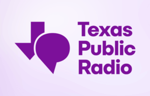 Texas Public Radio logo, purple letters on a light purple background, the logo is a combination of communication icons that together resemble the shape of the state of Texas. 